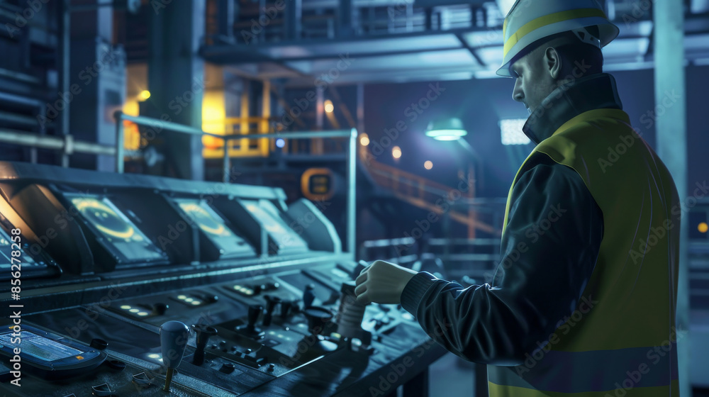 An industrial worker in a white helmet and yellow vest adjusts controls on a dimly lit machine panel, emphasizing a moody, high-tech environment. An industrial worker in a white helmet and yellow vest adjusts controls on a dimly lit machine panel, emphasizing a moody, high-tech environment.