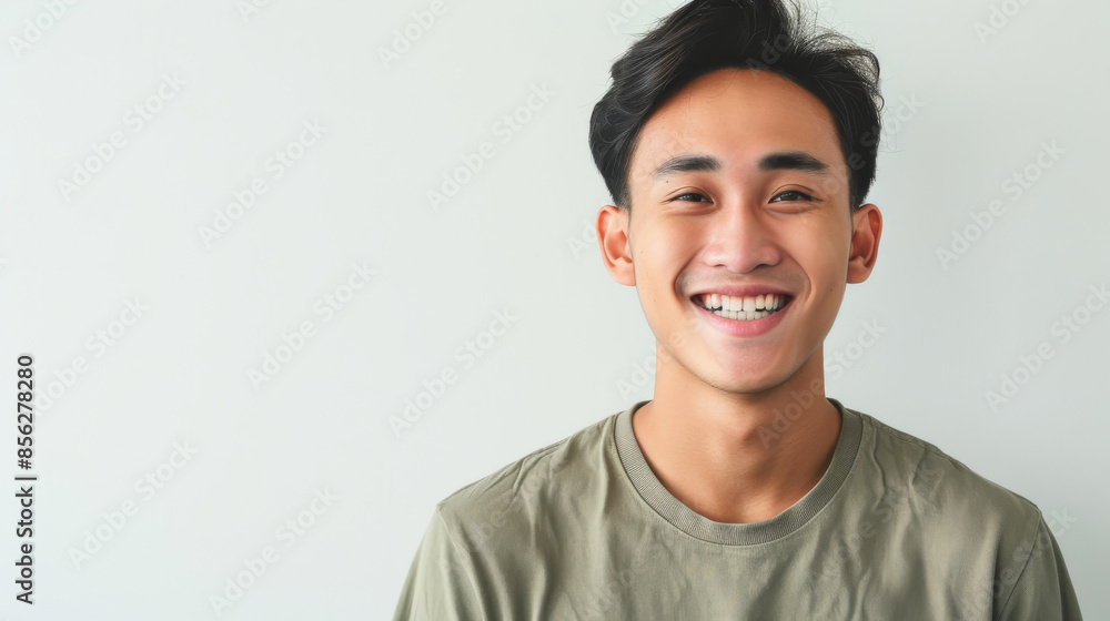 A young man grins broadly, exuding happiness and approachability with a simple, plain background that emphasizes his joyful expression. A young man grins broadly, exuding happiness and approachability with a simple, plain background that emphasizes his joyful expression.