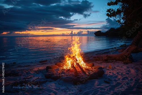 A campfire on the beach at night, with friends sitting around it roasting marshmallows and telling stories.