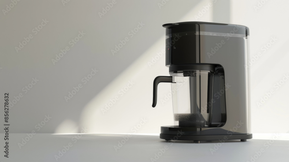 A modern drip coffee maker casts a simple, clean shadow in a bright, minimalistic kitchen with sunlight streaming in. A modern drip coffee maker casts a simple, clean shadow in a bright, minimalistic kitchen with sunlight streaming in.