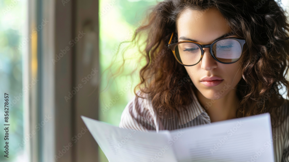 A woman reading a document intently, wearing glasses and appearing absorbed in thought while seated near a window with natural light. A woman reading a document intently, wearing glasses and appearing absorbed in thought while seated near a window with natural light.
