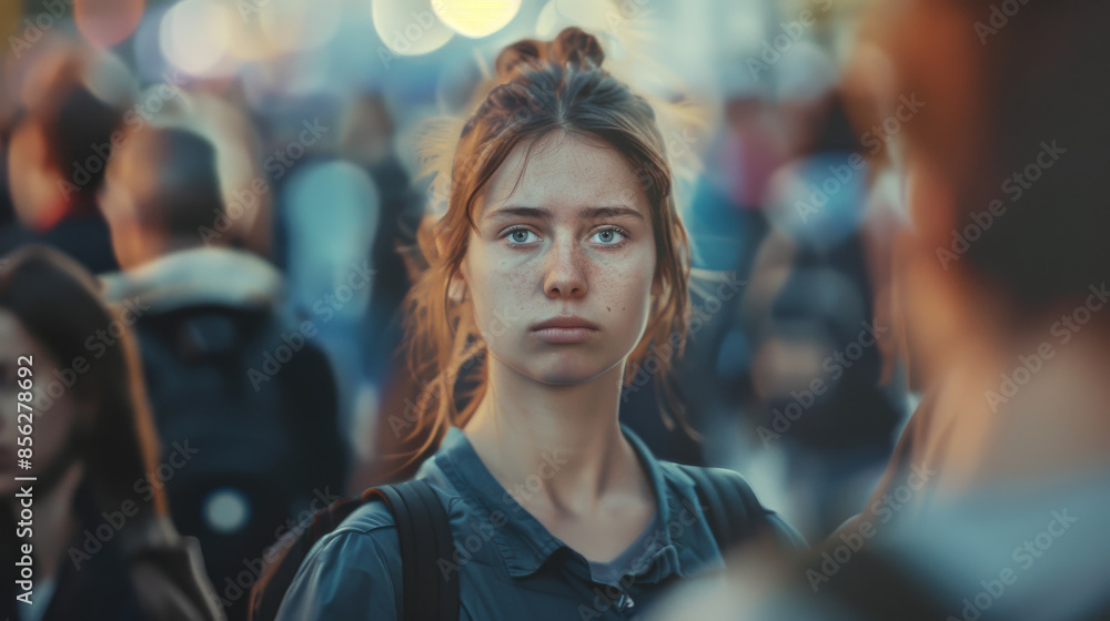 A young woman stands alone with an intense, contemplative gaze amidst a bustling crowd, capturing a moment of introspection and urban solitude. A young woman stands alone with an intense, contemplative gaze amidst a bustling crowd, capturing a moment of introspection and urban solitude.