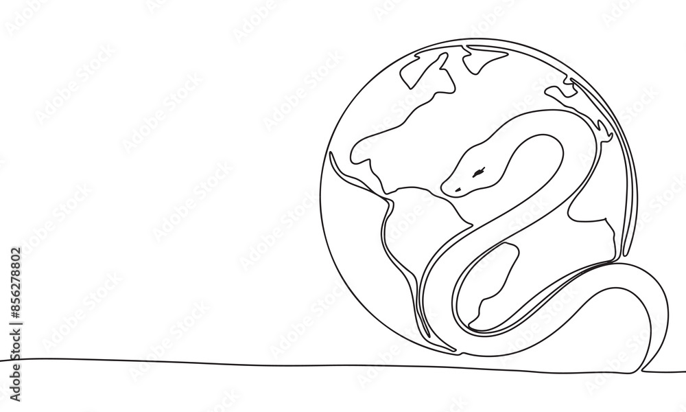 Global snake one line continuous. snake and earth line art. Hand drawn vector art. Global snake one line continuous. snake and earth line art. Hand drawn vector art.