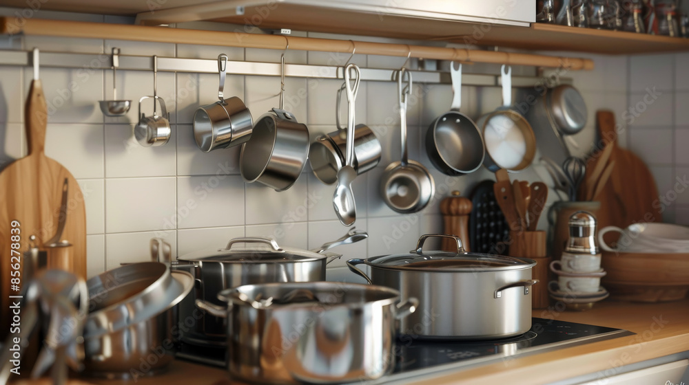 A well-stocked kitchen counter features multiple stainless steel pots, pans, and cooking utensils, reflecting a passion for home cooking. A well-stocked kitchen counter features multiple stainless steel pots, pans, and cooking utensils, reflecting a passion for home cooking.
