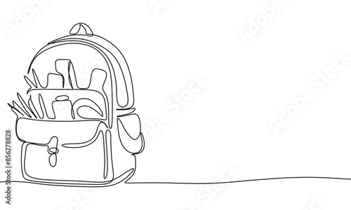 Backpack one line continuous. Backpack with stationary line art. Hand drawn vector art.