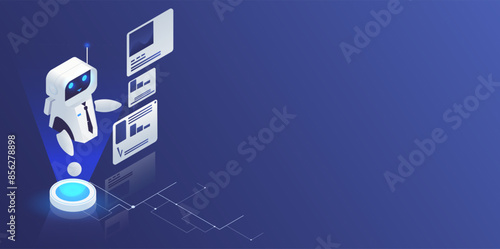 Robot interacting with data charts and graphs on a blue background. Concept of artificial intelligence, and data analysis. Vector illustration