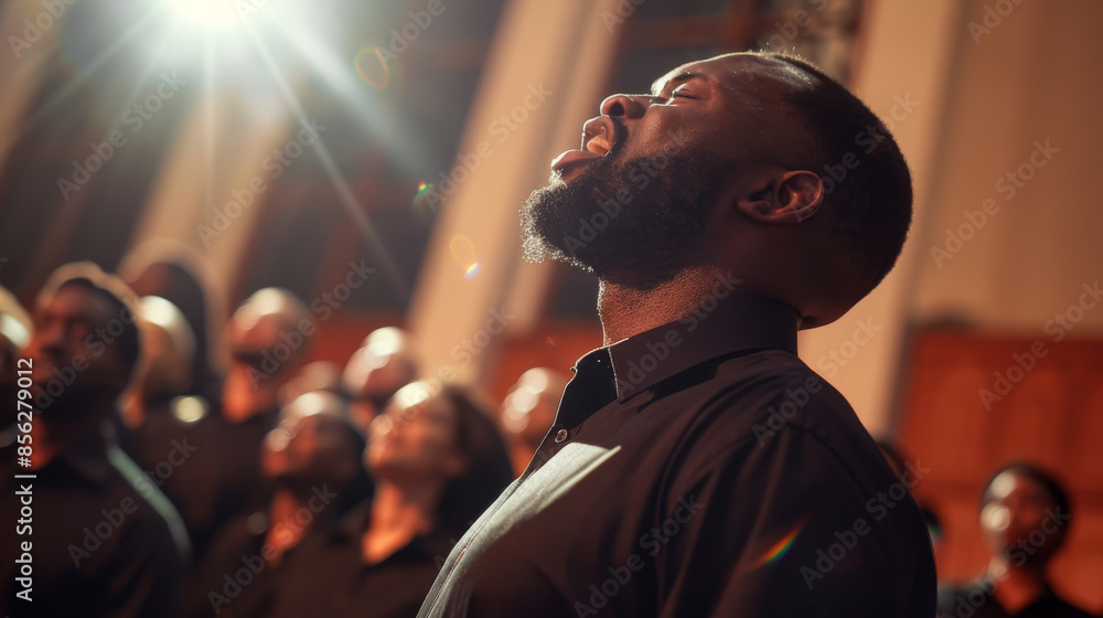 A passionate choir performer singing in a dimly lit hall, surrounded by fellow singers, under a beam of dramatic lighting. A passionate choir performer singing in a dimly lit hall, surrounded by fellow singers, under a beam of dramatic lighting.