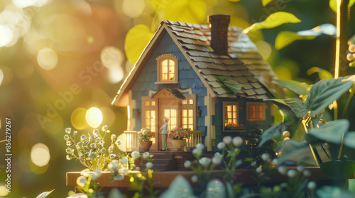Wallpaper Mural A charming, tiny blue house with yellow lights illuminates amidst lush greenery and bokeh lights, evoking a whimsical, fairy-tale evening. Torontodigital.ca
