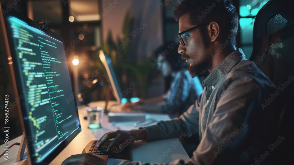 A focused programmer works late into the night with multiple screens showing intricate code, immersed in a task-driven tech environment. A focused programmer works late into the night with multiple screens showing intricate code, immersed in a task-driven tech environment.