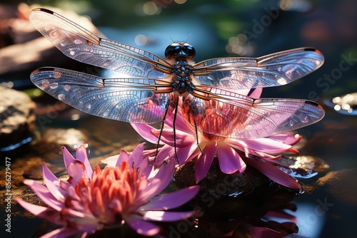 Iridescent dragonflame lands on lily, lush nature., generative IA photo