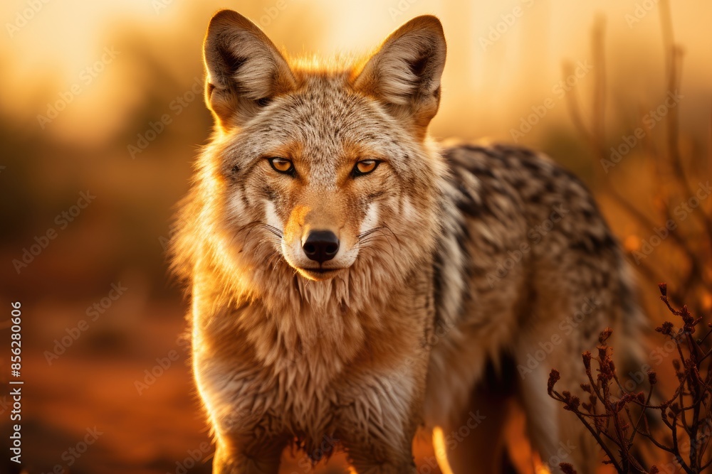 A cunning coyote travels the desert at dusk between cacti., generative IA A cunning coyote travels the desert at dusk between cacti., generative IA