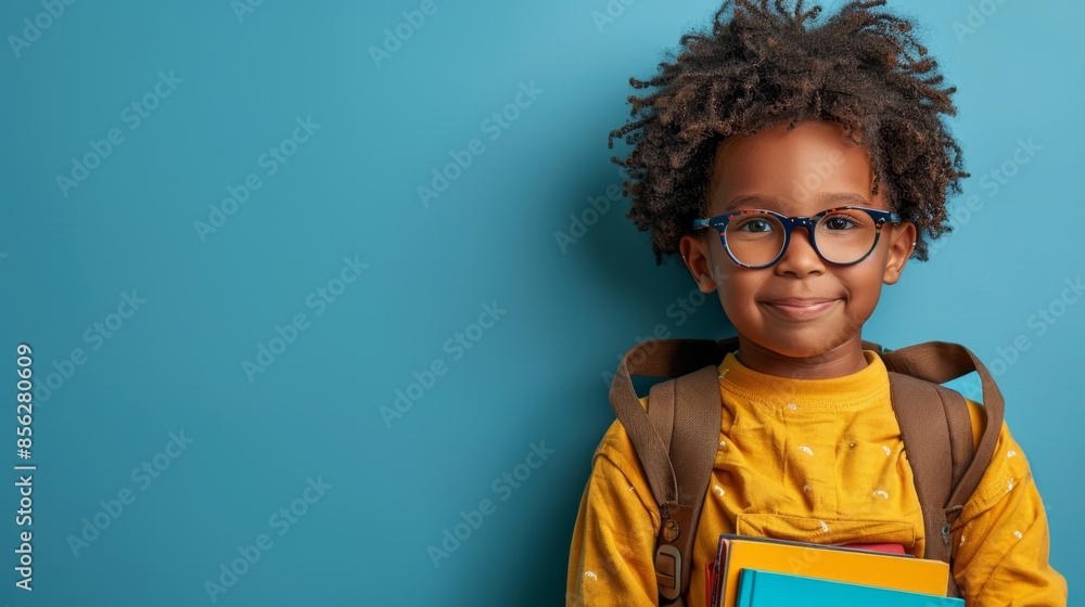 portrait of a handsome African-American schoolboy 8-10 years old wearing glasses with a school bag on his shoulders and books in his hands looking studio shooting blue background. copyspace portrait of a handsome African-American schoolboy 8-10 years old wearing glasses with a school bag on his shoulders and books in his hands looking studio shooting blue background. copyspace