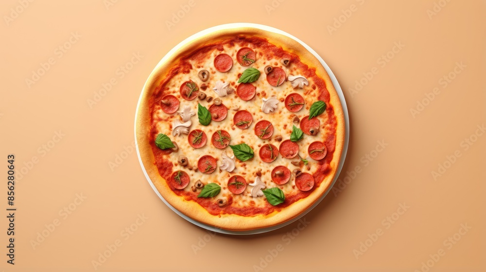 Top view of a delicious pizza with pepperoni, mushrooms, basil, and cheese. The pizza is served on a white plate and isolated on a beige background. Top view of a delicious pizza with pepperoni, mushrooms, basil, and cheese. The pizza is served on a white plate and isolated on a beige background.