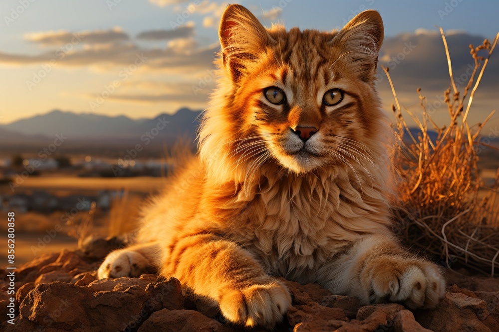 Puma Majestic rests at dusk on the plains of the savannah., generative IA Puma Majestic rests at dusk on the plains of the savannah., generative IA