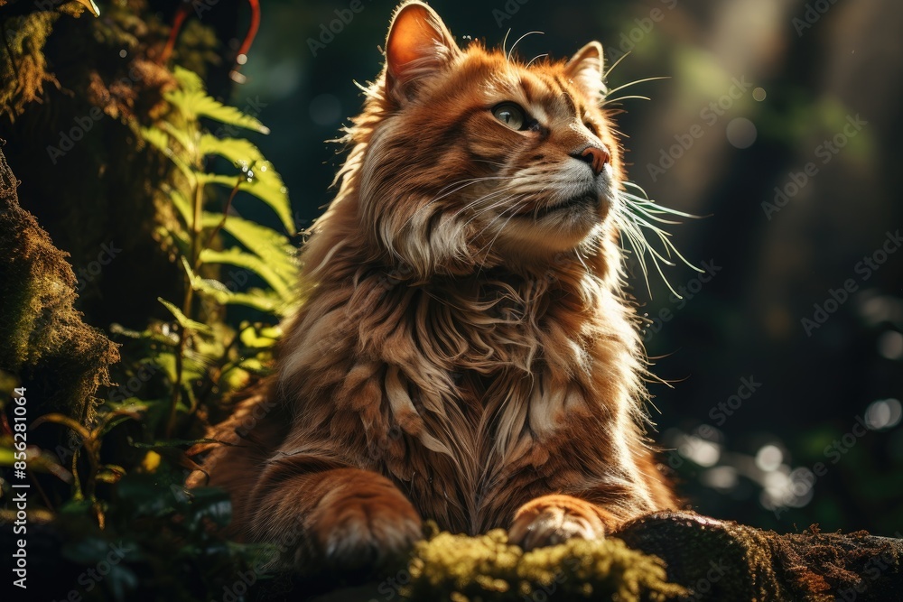 Fototapeta premium Puma Dourado rests on the lush jungle., generative IA