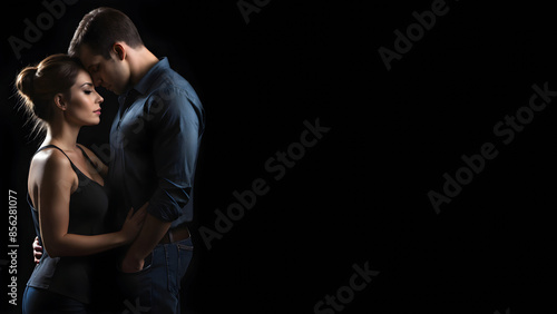 Depressed Couple Embracing Stoically Silhouetted Against a Solid Black Background: Subtle Highlights