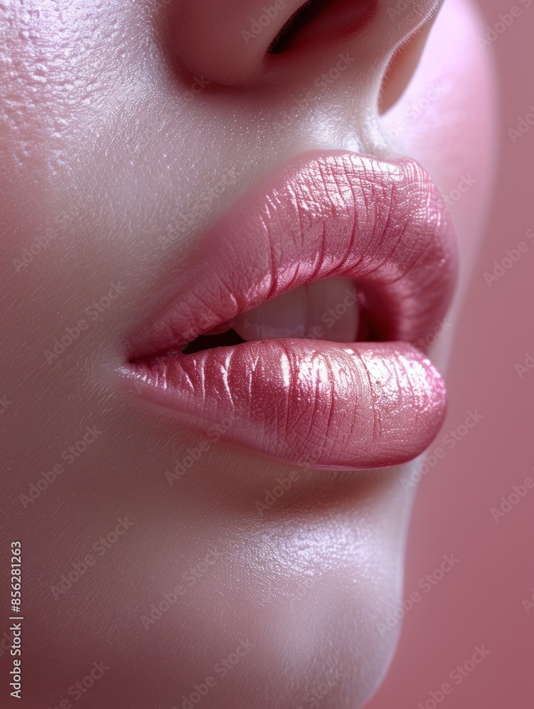 Fototapeta premium Closeup of womans pink lips with glossy lipstick