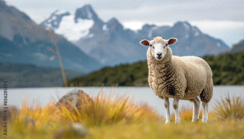 Fototapeta premium Sheep standing in a serene landscape with mountains and a lake in the background, creating a peaceful scene