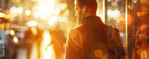 Man bodyguard with security earpiece in shoppping mall, security concept banner. Generative AI.