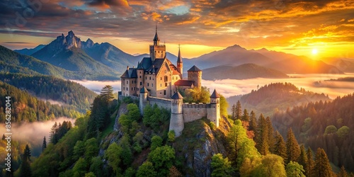 Majestic castle on mountain at sunrise or sunset, castle, mountain, fantasy, sunrise, sunset, majestic, glow, warm, sky photo