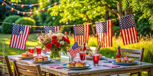 Festive backyard celebration on Fourth of July with patriotic table decor and American flags