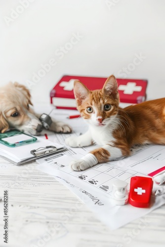 Сute cat with a bandaged paw is lying on the table with a first aid kit. Picture of veterinary care, animal care, first aid for animals, pet insurance, animal pharmacy, treatment and care for pets.