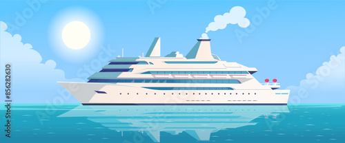 Large cruise ship on the calm ocean, clear blue sky with sun and clouds in the background. Vector illustration