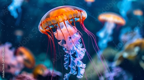 a group of jellyfish swimming in an aquarium tank together © progressman