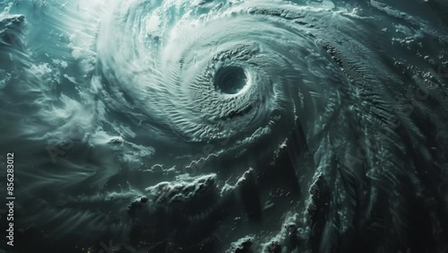 aerial view of hurricane or cyclone. swirling clouds and well-defined eye at center of storm, showcasing powerful and turbulent nature