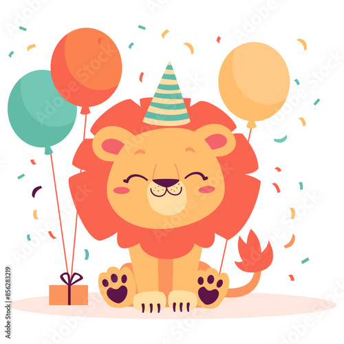 Cute lion cub celebrates his birthday, presents balloons and a birthday cap. Flat vector illustration on white background . Vector illustration