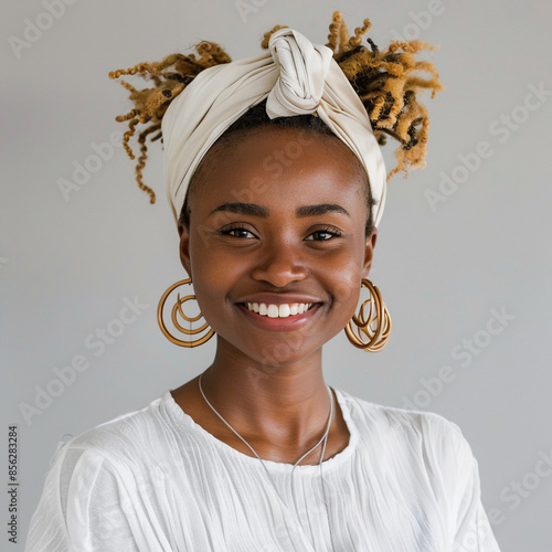 Headshot of a smiling South-African women in minimalist clothes 