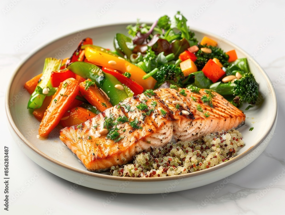 Grilled salmon fillet with quinoa and fresh vegetables. Grilled salmon fillet with quinoa and fresh vegetables.