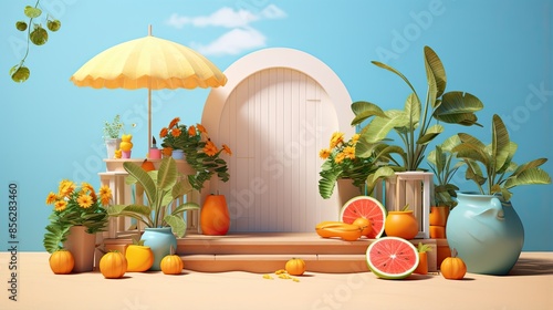 This is a 3D rendering of a summer scene. There is a yellow umbrella, a white door, and a blue sky with white clouds.