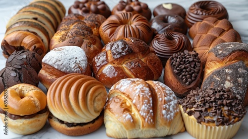 A variety of freshly baked breads and pastries on a white marble surface