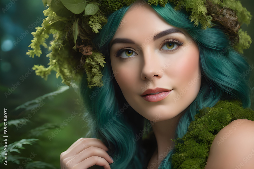 Enchanting Portrait: Forest Nymph or Dryad with Verdant Foliage Enchanting Portrait: Forest Nymph or Dryad with Verdant Foliage