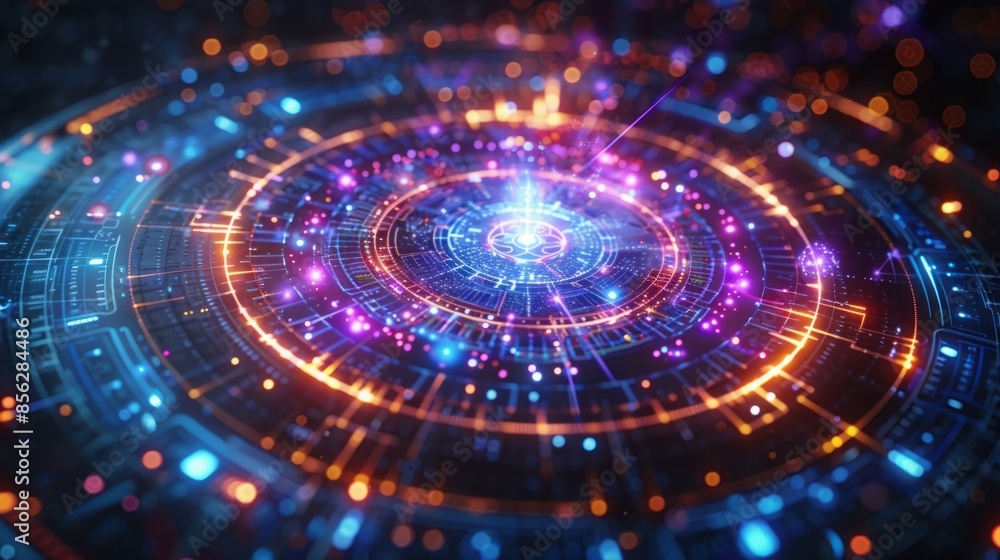 An abstract, digital illustration featuring a circular design with glowing lights and intricate technological patterns. An abstract, digital illustration featuring a circular design with glowing lights and intricate technological patterns.