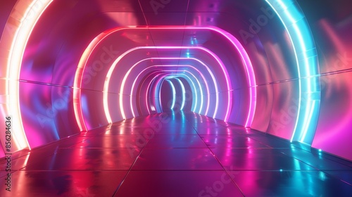 Neon Dreams Futuristic 3D Tech Hallway with Colorful LED Light Strips
