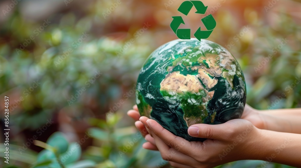 Hands holding globe with recycling symbol over lush green foliage Hands holding globe with recycling symbol over lush green foliage