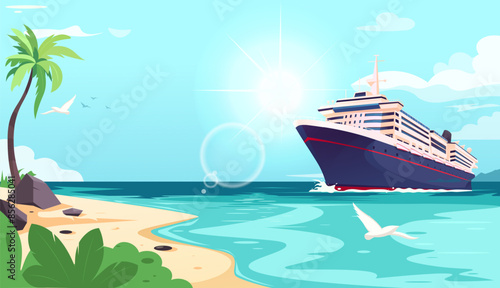 A cruise ship sailing near a tropical beach with palm trees and seagulls, in a bright and colorful illustration. Concept of vacation and travel. Vector illustration