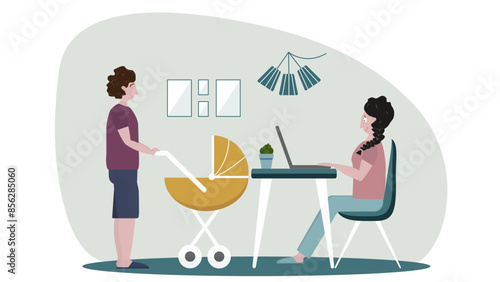 Woman, mother works at the computer online at home. Man, father is nursing a child. Side view, flat style. Concept - remote work, online work, freelancing, working mom