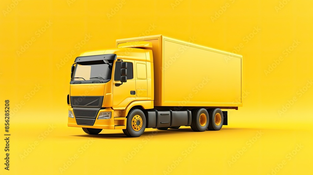 A yellow truck is parked on a yellow background. The truck is a box truck with a closed back. The truck is facing the left of the image. A yellow truck is parked on a yellow background. The truck is a box truck with a closed back. The truck is facing the left of the image.