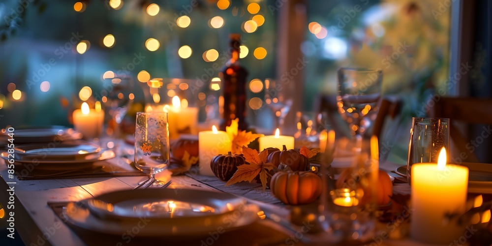 Obraz premium A table with a white tablecloth and a variety of food and drinks, including wine glasses and orange slices. The table is set for a festive occasion, with candles and pumpkins adding to the warm