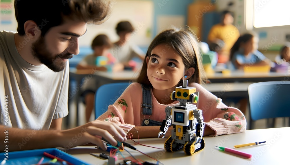 Fototapeta premium Young Girl Learning Robotics in Class: Future Innovator