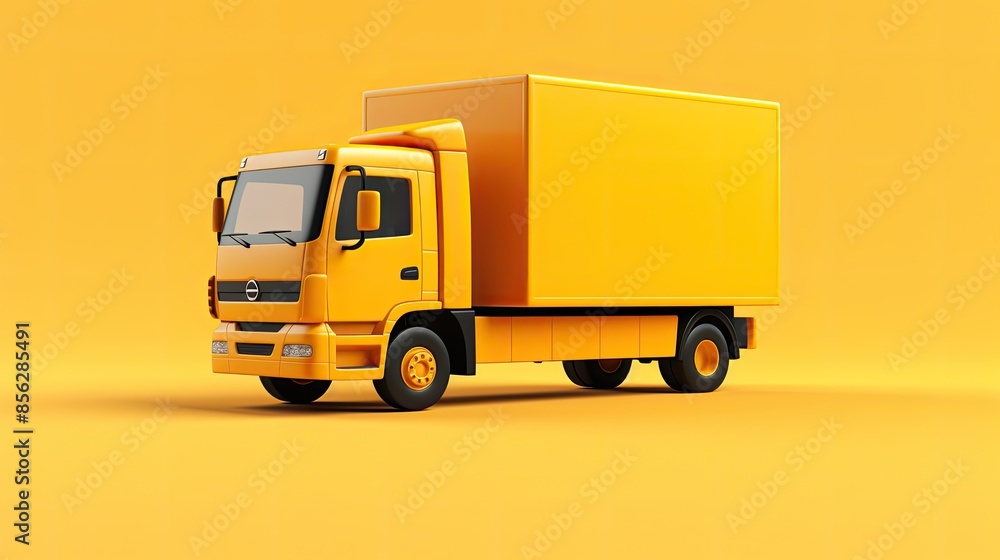 A yellow truck is parked on a yellow background. The truck is a box truck with a closed back. The truck is facing the left of the image. A yellow truck is parked on a yellow background. The truck is a box truck with a closed back. The truck is facing the left of the image.