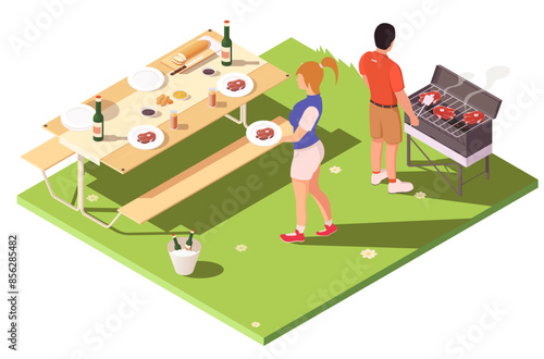 People having a BBQ picnic with a grill and a picnic table on a lawn. Isometric art style. Outdoor setting. Concept of summer outdoor meal. Vector illustration