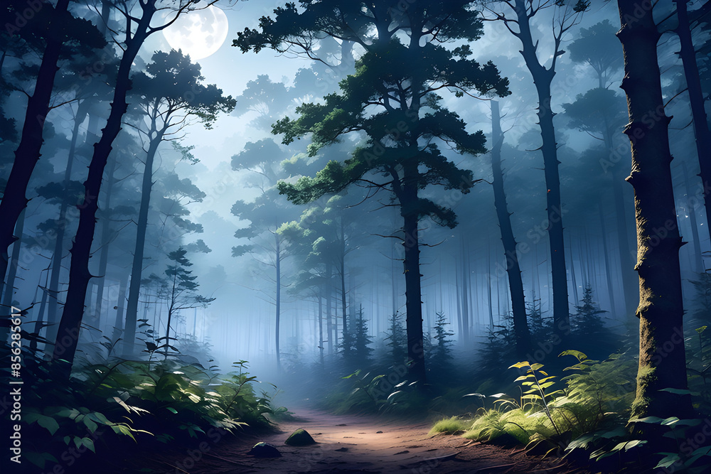 Fototapeta premium Misty Dense Forest Background for a Presentation, Moonlight Filtering Through Treetops Creating Eerie Atmosphere