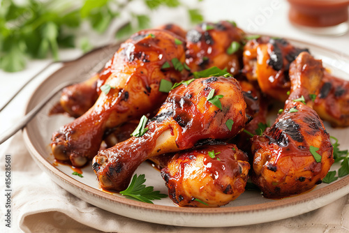 Baked chicken drumsticks with honey and soy sauce and spices, placed in plate, ready to be served. 