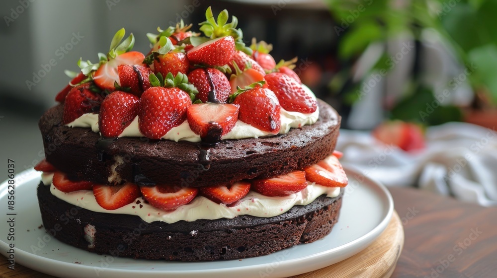 Chocolate cake with homemade strawberries and cream Chocolate cake with homemade strawberries and cream