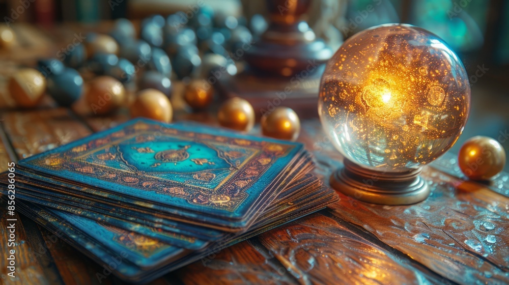 Close-up of a crystal ball and a tarot deck on a wooden table. Close-up of a crystal ball and a tarot deck on a wooden table.