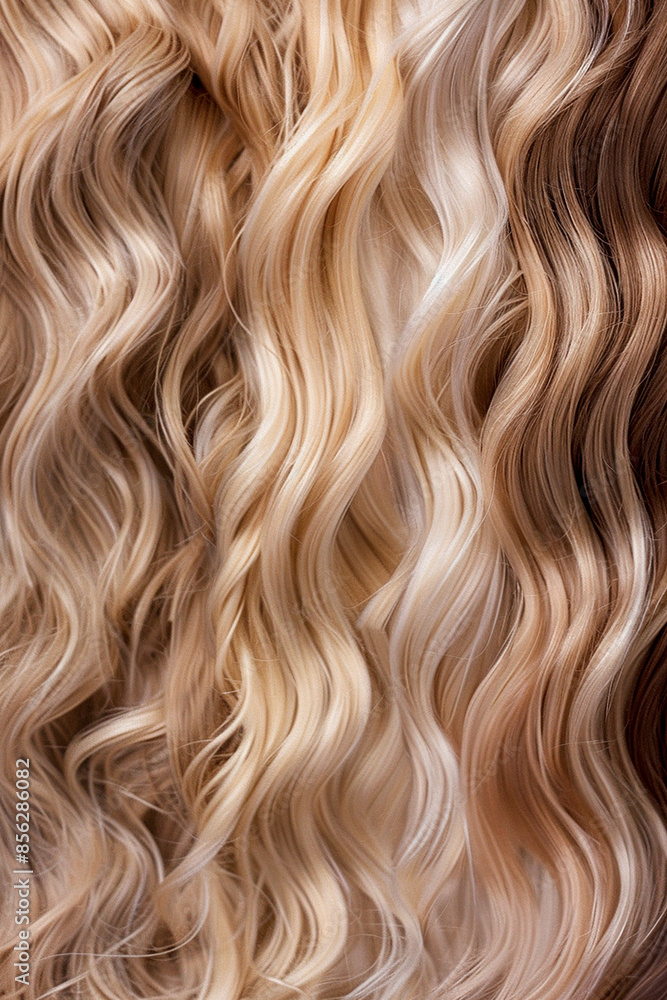 Naklejka premium Variety of wavy blonde hair strands in different shades. Close-up shot highlighting texture